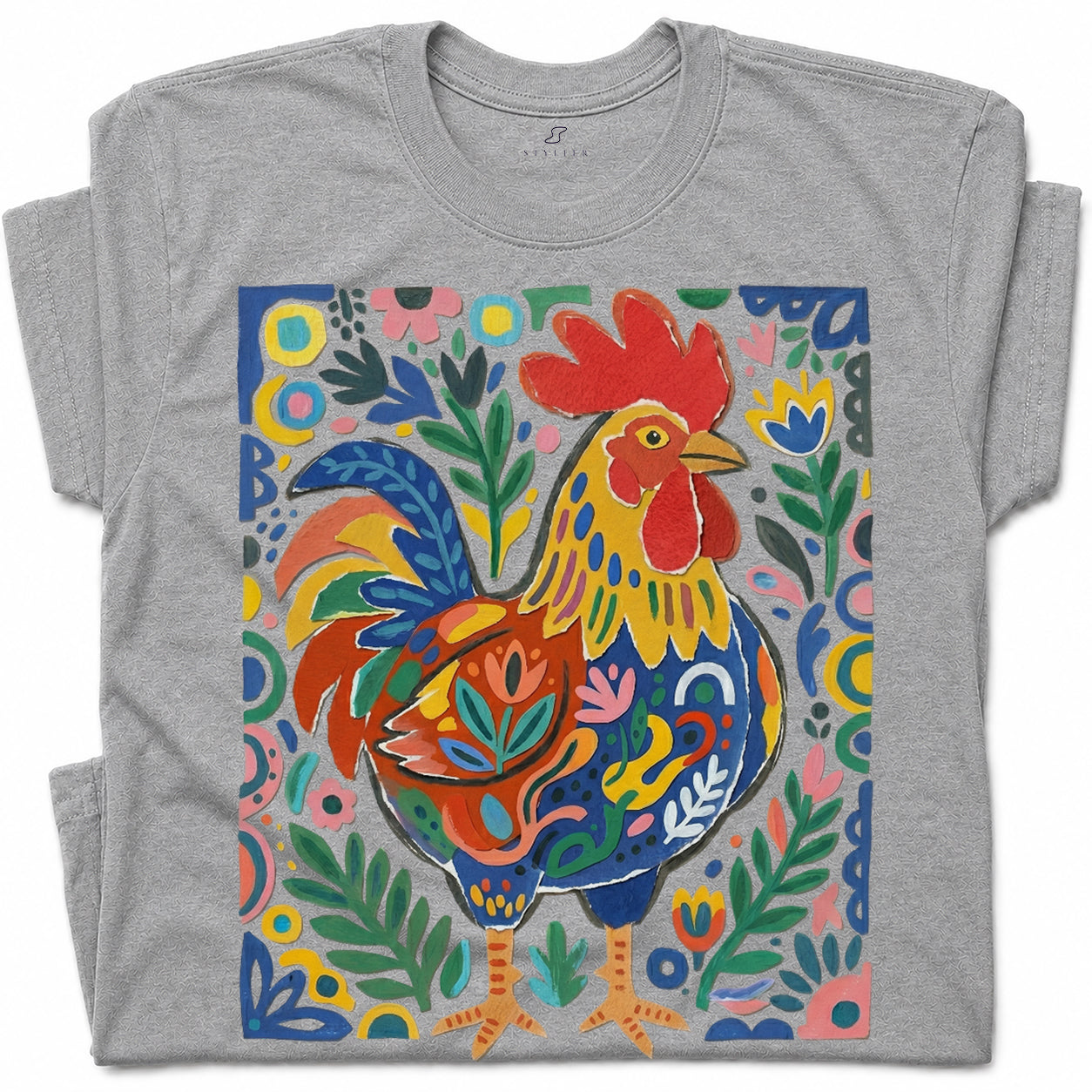 SF_COLOR=sport-grey; SF_ITEM=adult-t-shirt; SF_ROLE=gallery; Colorful Rooster Folk Art Floral Abstract T-Shirt Chicken Farm Whimsical Tee - Sport Grey Adult T-Shirt product image