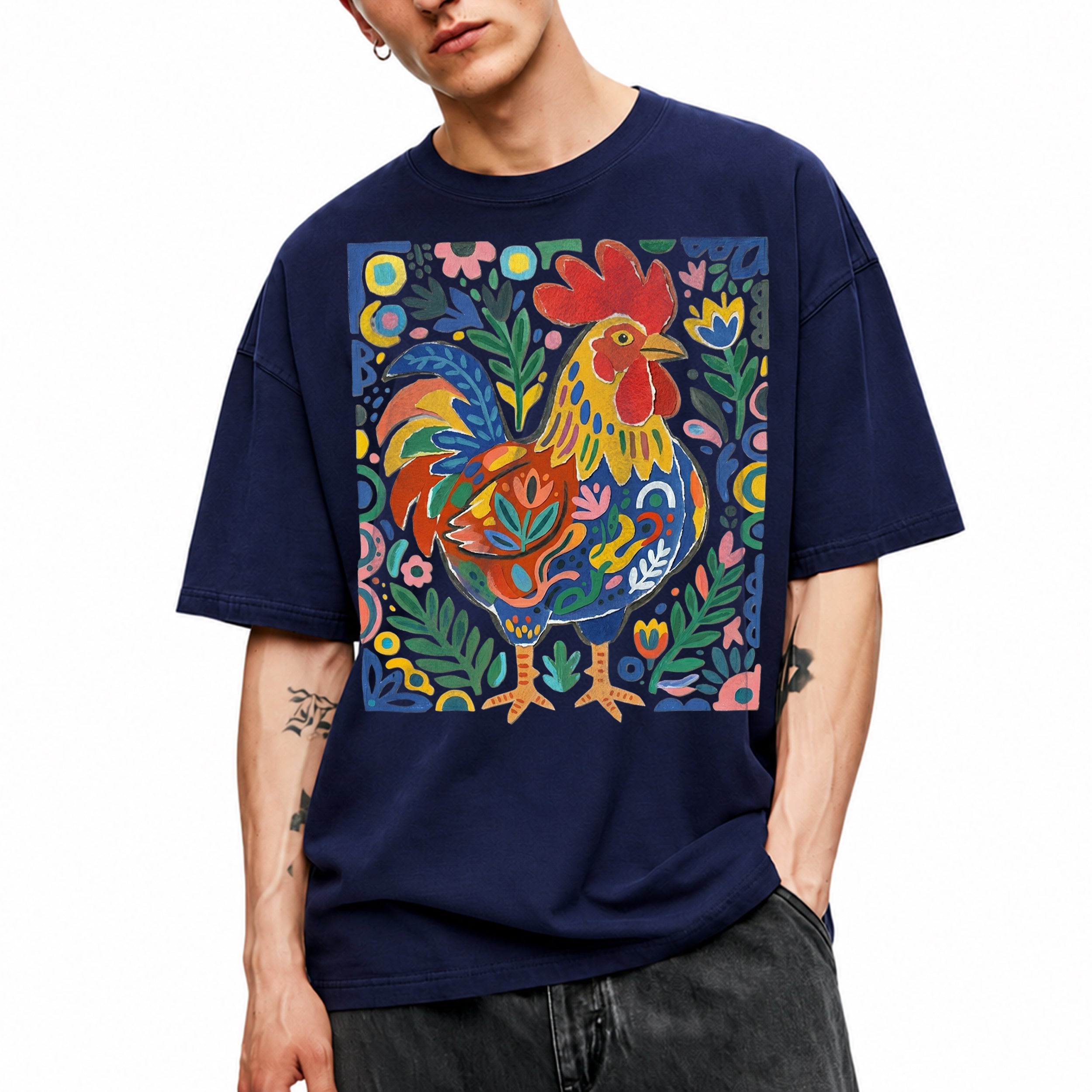 SF_COLOR=navy; SF_ITEM=adult-t-shirt; SF_ROLE=main; Colorful Rooster Folk Art Floral Abstract T-Shirt Chicken Farm Whimsical Tee - Navy Adult T-Shirt product image