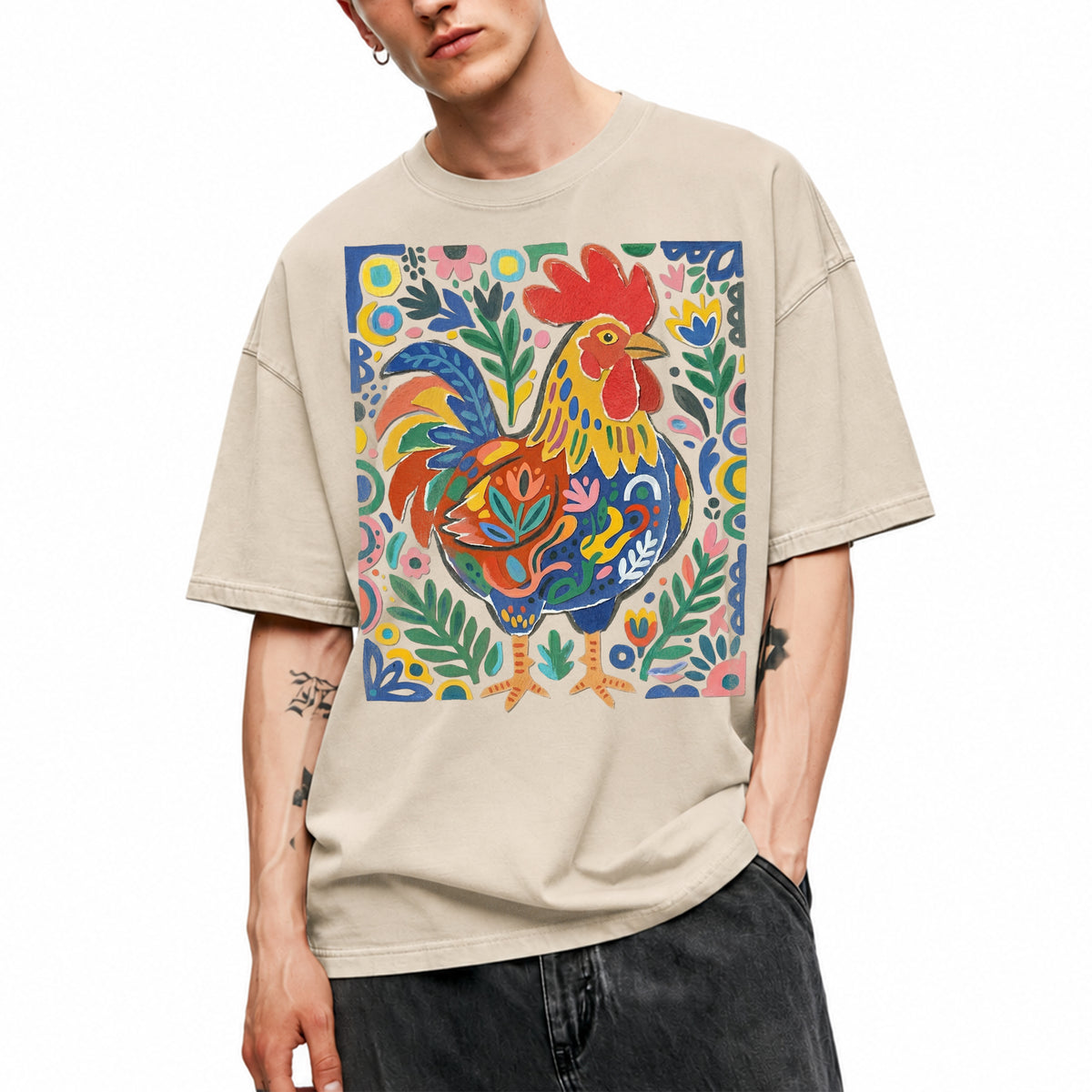 SF_COLOR=sand; SF_ITEM=adult-t-shirt; SF_ROLE=main; Colorful Rooster Folk Art Floral Abstract T-Shirt Chicken Farm Whimsical Tee - Sand Adult T-Shirt product image