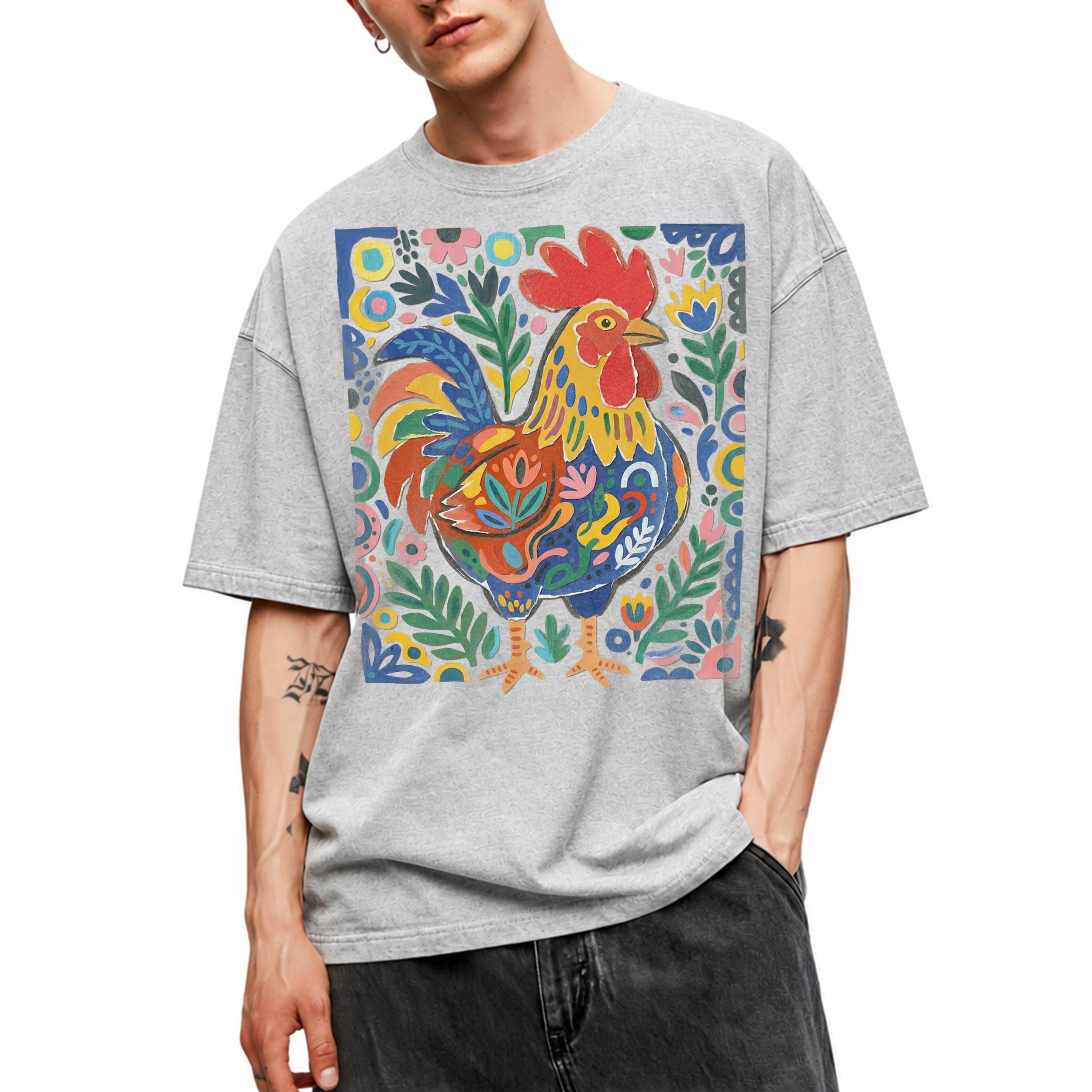 SF_COLOR=sport-grey; SF_ITEM=adult-t-shirt; SF_ROLE=main; Colorful Rooster Folk Art Floral Abstract T-Shirt Chicken Farm Whimsical Tee - Sport Grey Adult T-Shirt product image