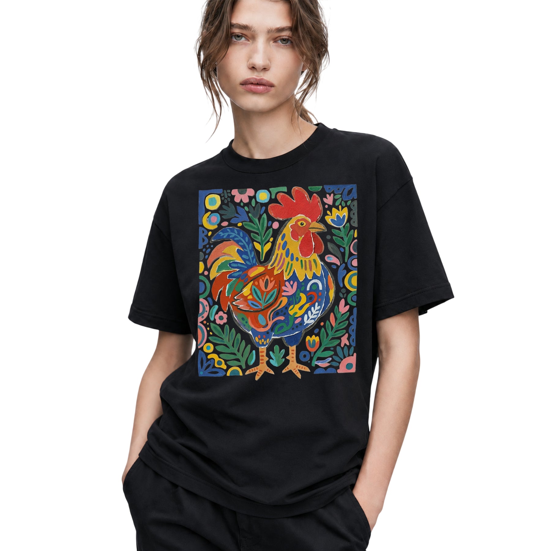 SF_COLOR=black; SF_ITEM=adult-t-shirt; SF_ROLE=gallery; Colorful Rooster Folk Art Floral Abstract T-Shirt Chicken Farm Whimsical Tee - Black Adult T-Shirt product image