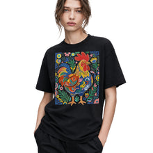 SF_COLOR=black; SF_ITEM=adult-t-shirt; SF_ROLE=gallery; Colorful Rooster Folk Art Floral Abstract T-Shirt Chicken Farm Whimsical Tee - Black Adult T-Shirt product image