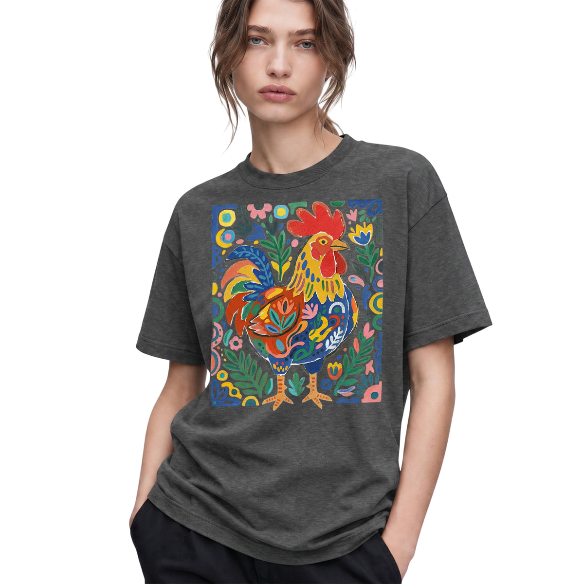 SF_COLOR=dark-heather; SF_ITEM=adult-t-shirt; SF_ROLE=gallery; Colorful Rooster Folk Art Floral Abstract T-Shirt Chicken Farm Whimsical Tee - Dark Heather Adult T-Shirt product image