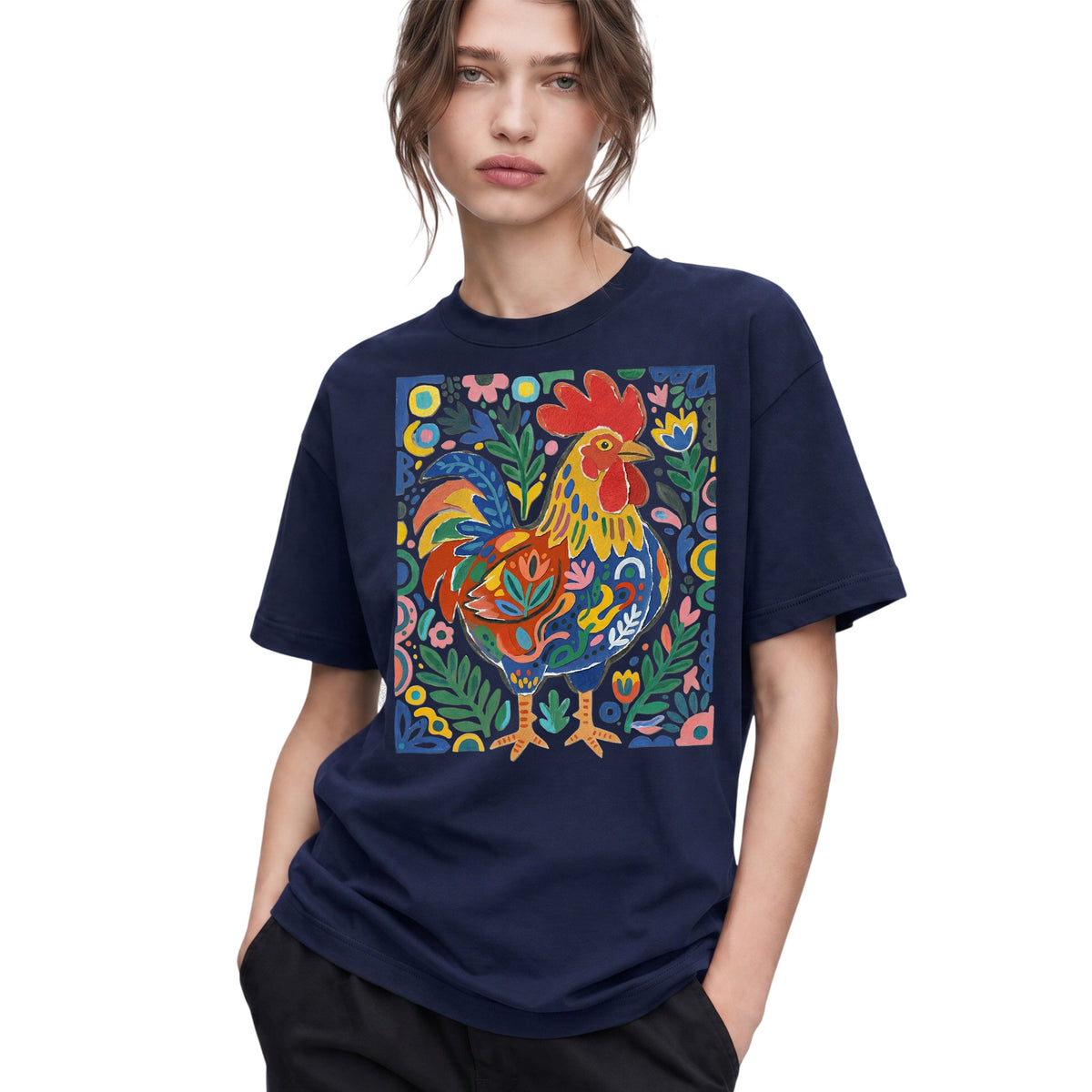 SF_COLOR=navy; SF_ITEM=adult-t-shirt; SF_ROLE=gallery; Colorful Rooster Folk Art Floral Abstract T-Shirt Chicken Farm Whimsical Tee - Navy Adult T-Shirt product image
