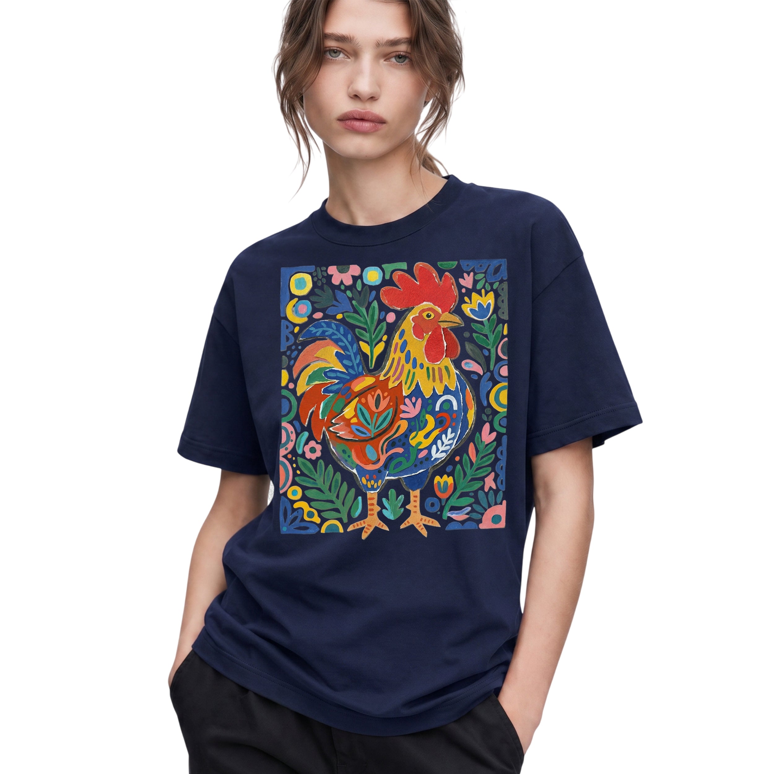 SF_COLOR=navy; SF_ITEM=adult-t-shirt; SF_ROLE=gallery; Colorful Rooster Folk Art Floral Abstract T-Shirt Chicken Farm Whimsical Tee - Navy Adult T-Shirt product image