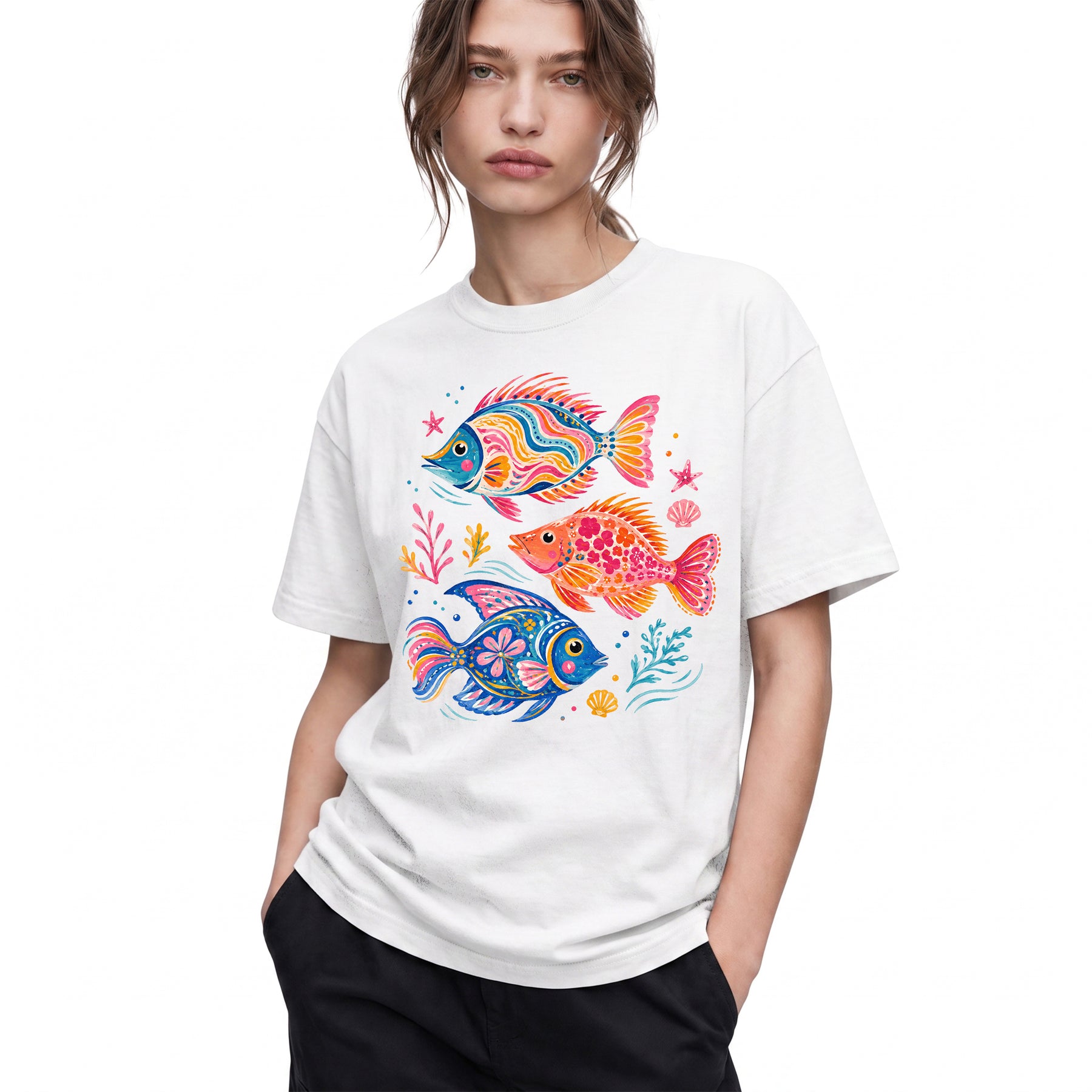SF_COLOR=white; SF_ITEM=adult-t-shirt; SF_ROLE=gallery; Colorful Tropical Fish Ocean T-Shirt Bright Marine Life Summer Tee - White Adult T-Shirt product image