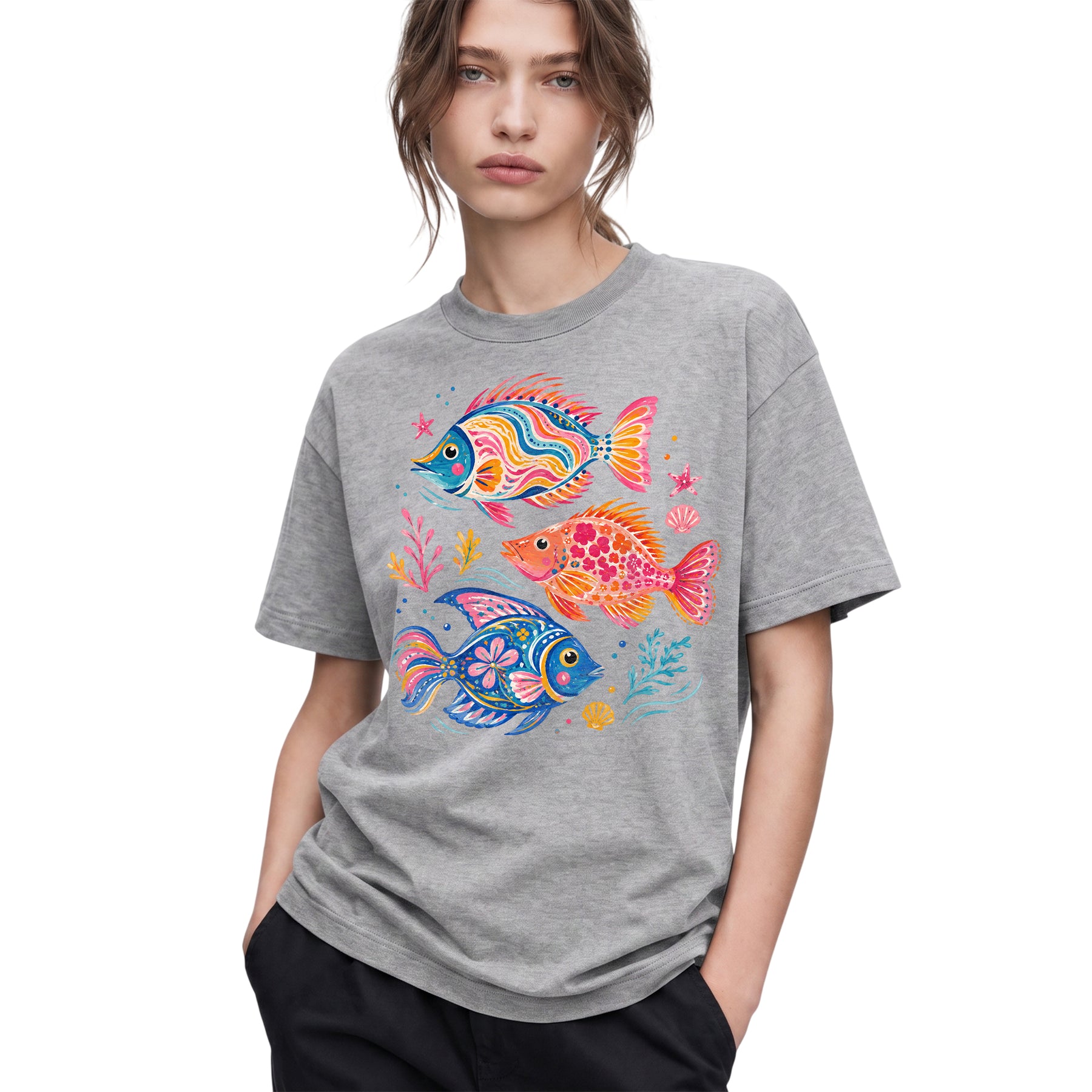 SF_COLOR=sport-grey; SF_ITEM=adult-t-shirt; SF_ROLE=gallery; Colorful Tropical Fish Ocean T-Shirt Bright Marine Life Summer Tee - Sport Grey Adult T-Shirt product image