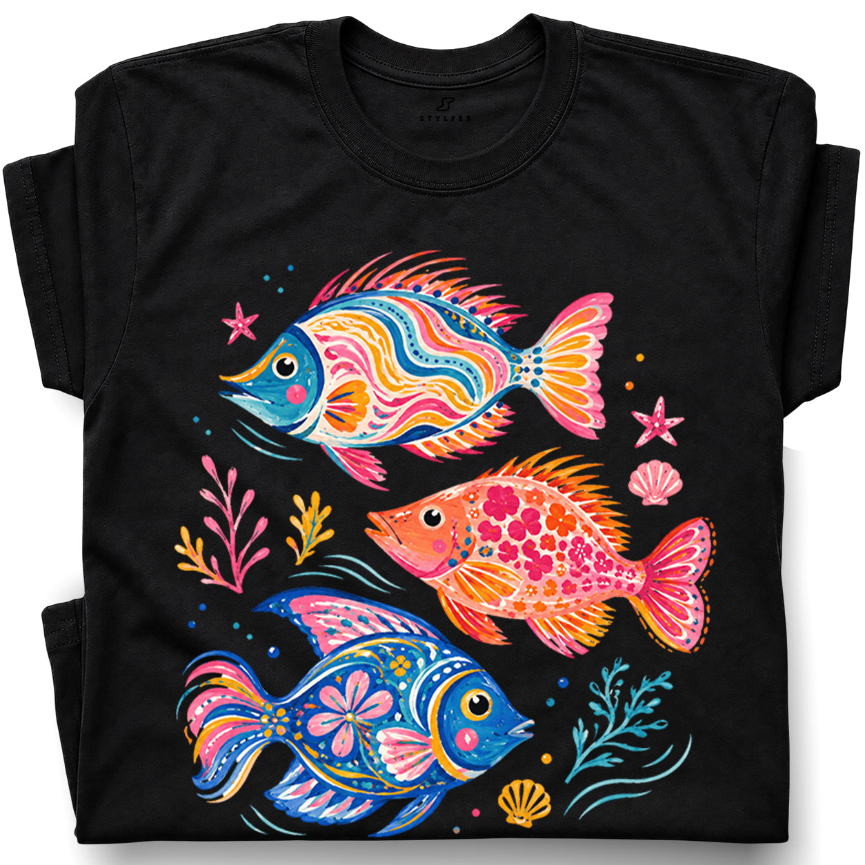 SF_COLOR=black; SF_ITEM=adult-t-shirt; SF_ROLE=gallery; Colorful Tropical Fish Ocean T-Shirt Bright Marine Life Summer Tee - Black Adult T-Shirt product image