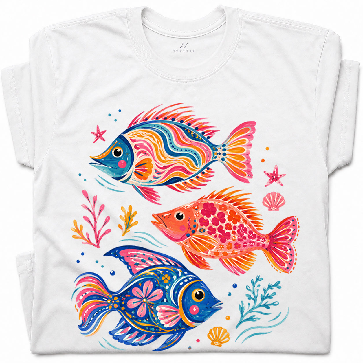 SF_COLOR=white; SF_ITEM=adult-t-shirt; SF_ROLE=gallery; Colorful Tropical Fish Ocean T-Shirt Bright Marine Life Summer Tee - White Adult T-Shirt product image