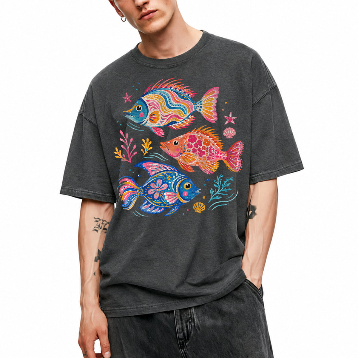 SF_COLOR=dark-heather; SF_ITEM=adult-t-shirt; SF_ROLE=main; Colorful Tropical Fish Ocean T-Shirt Bright Marine Life Summer Tee - Dark Heather Adult T-Shirt product image