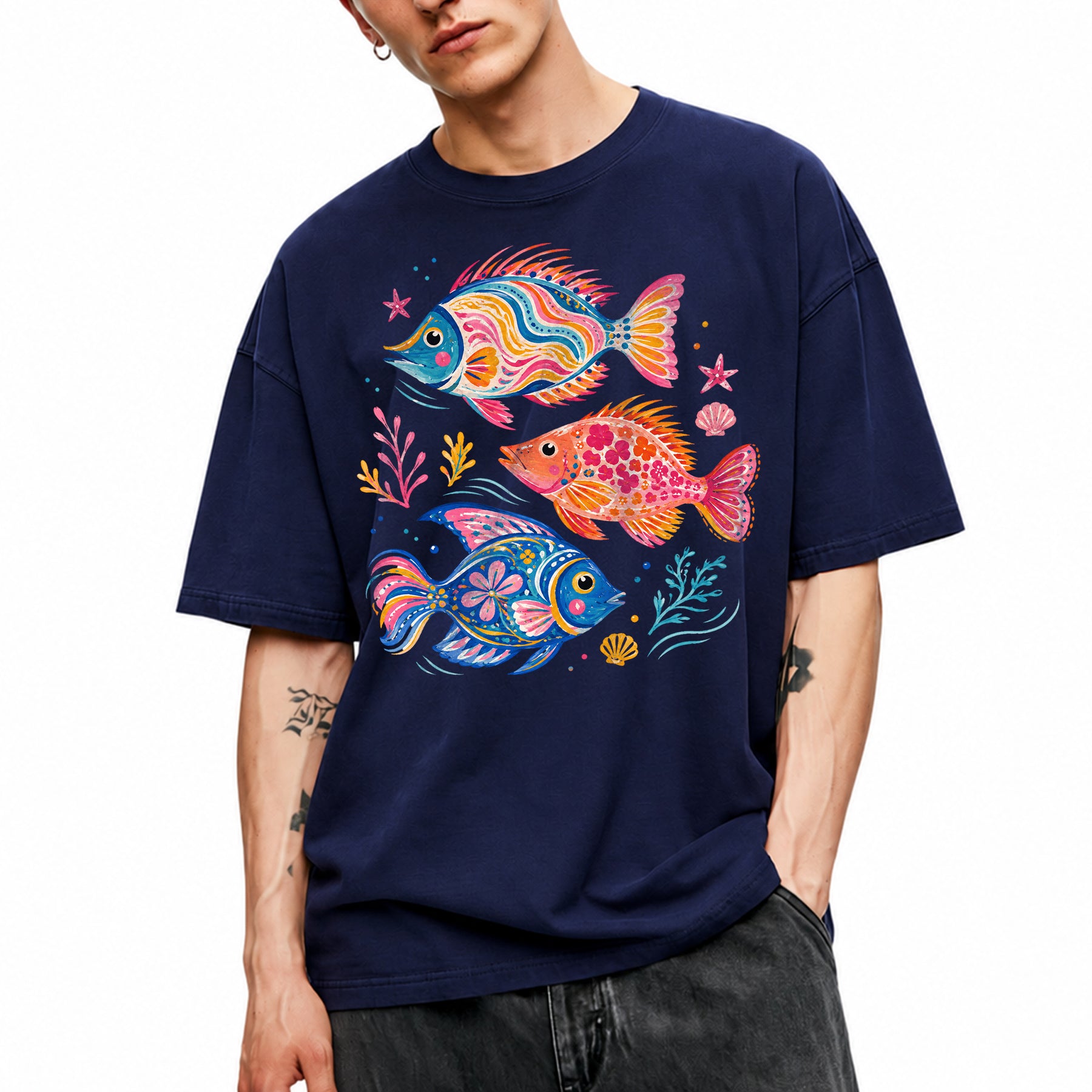 SF_COLOR=navy; SF_ITEM=adult-t-shirt; SF_ROLE=main; Colorful Tropical Fish Ocean T-Shirt Bright Marine Life Summer Tee - Navy Adult T-Shirt product image
