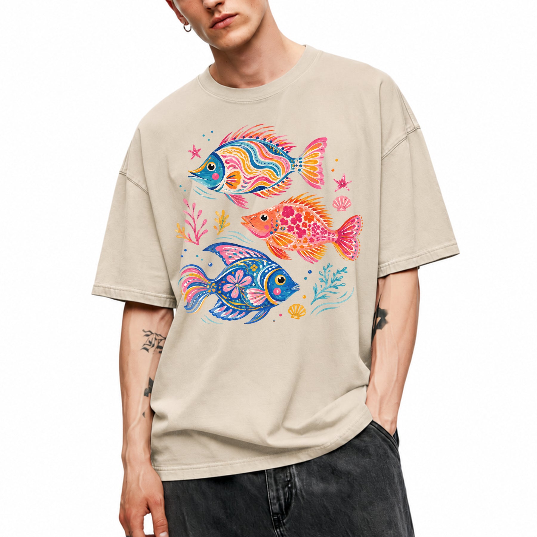 SF_COLOR=sand; SF_ITEM=adult-t-shirt; SF_ROLE=main; Colorful Tropical Fish Ocean T-Shirt Bright Marine Life Summer Tee - Sand Adult T-Shirt product image