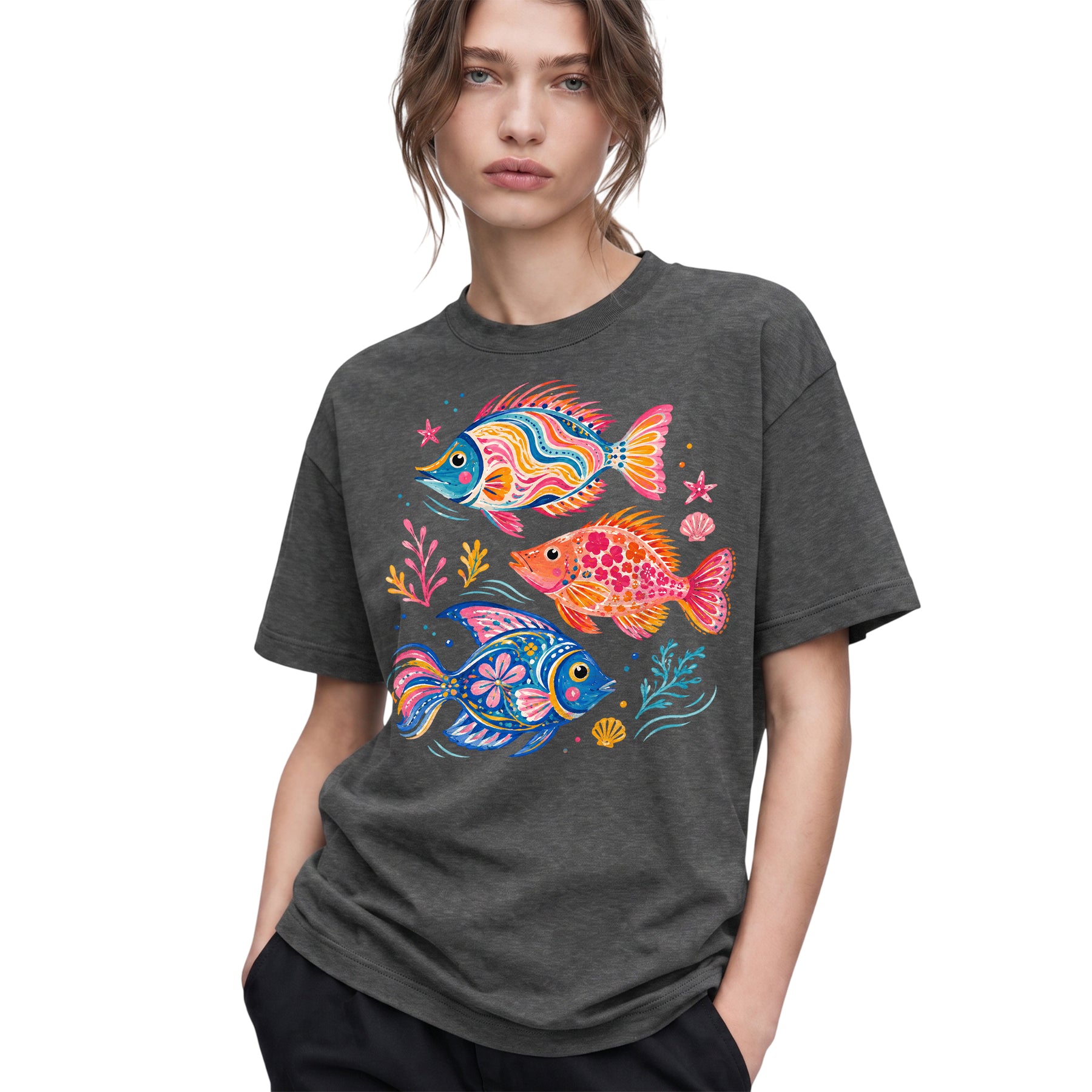 SF_COLOR=dark-heather; SF_ITEM=adult-t-shirt; SF_ROLE=gallery; Colorful Tropical Fish Ocean T-Shirt Bright Marine Life Summer Tee - Dark Heather Adult T-Shirt product image