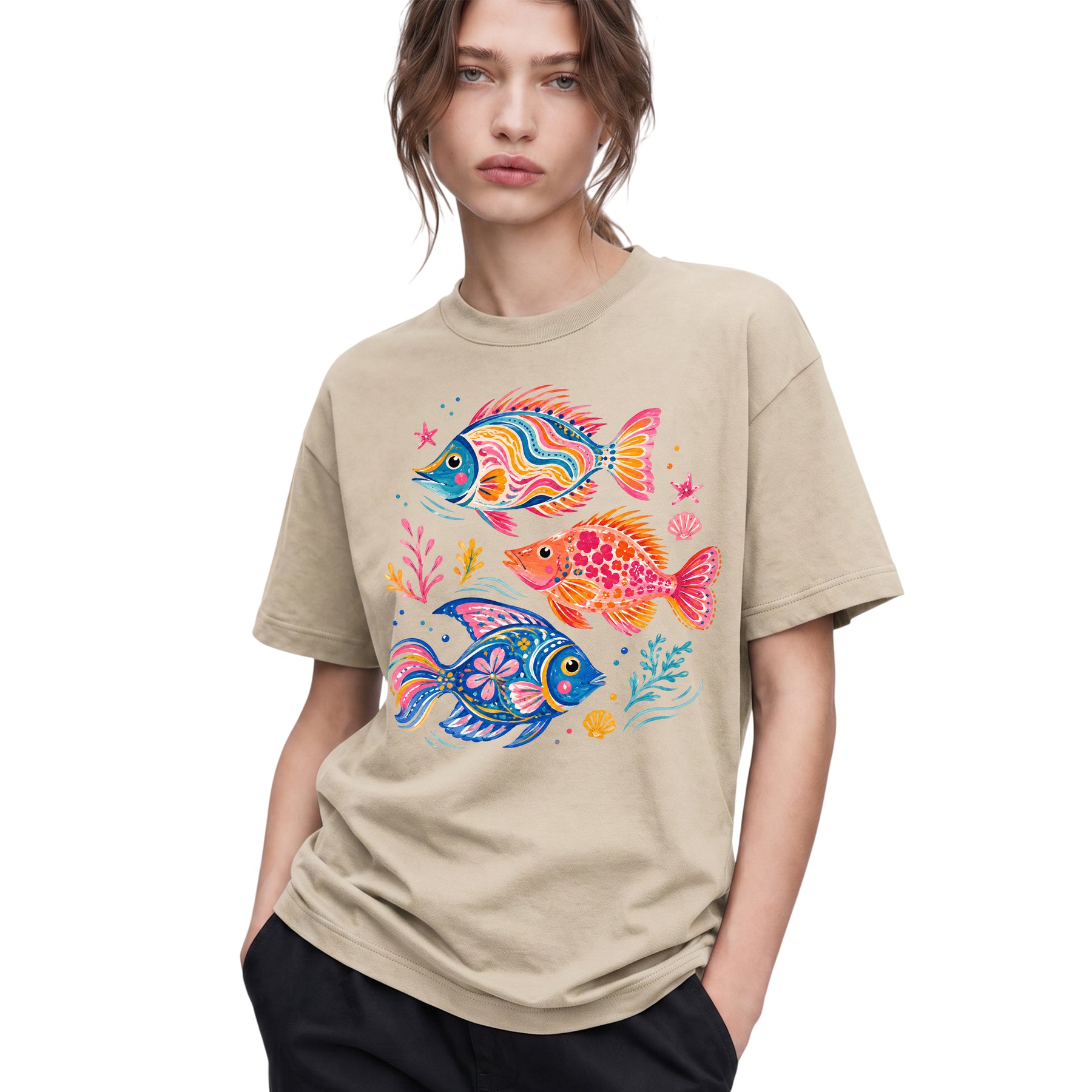 SF_COLOR=sand; SF_ITEM=adult-t-shirt; SF_ROLE=gallery; Colorful Tropical Fish Ocean T-Shirt Bright Marine Life Summer Tee - Sand Adult T-Shirt product image