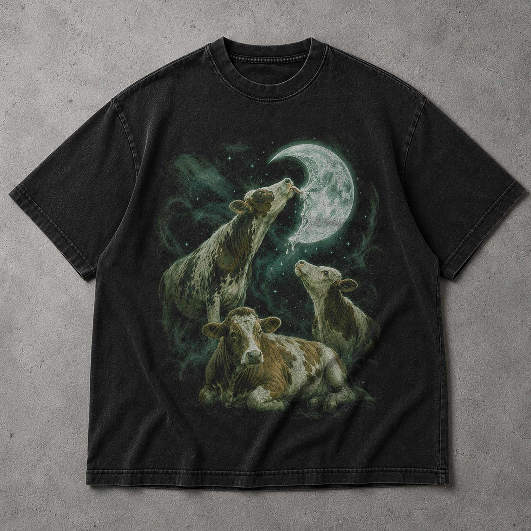 SF_COLOR=black; SF_ITEM=adult-t-shirt; SF_ROLE=main; Cosmic Cow Licking Moon T-Shirt Surreal Galaxy Space Farm Animal Funny Apparel - Black Adult T-Shirt product image