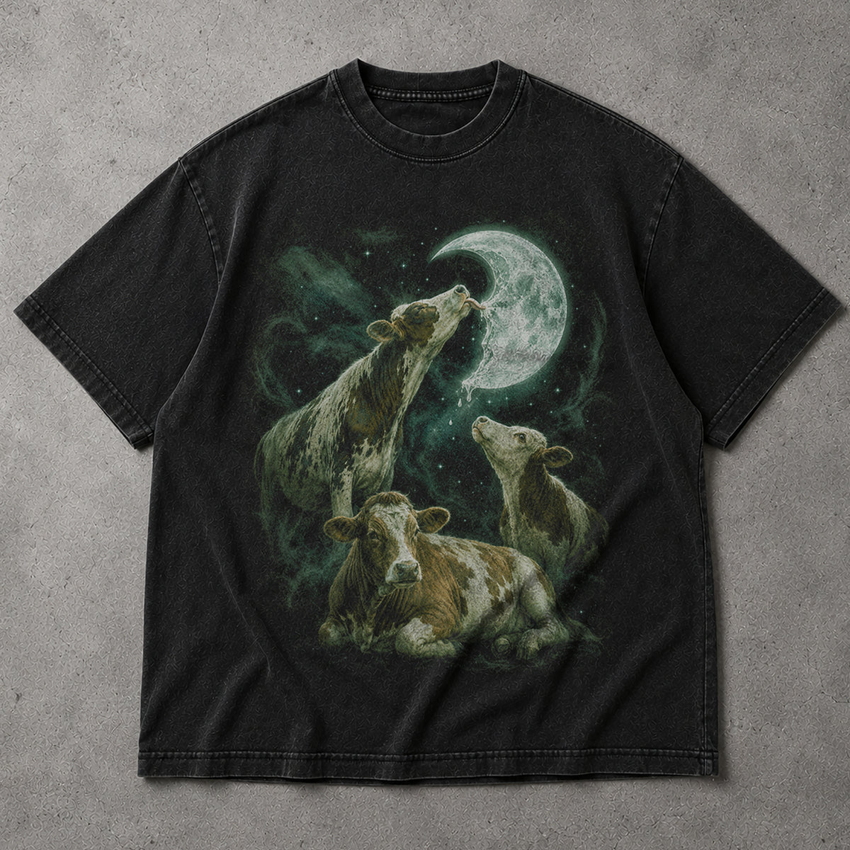 SF_COLOR=black; SF_ITEM=adult-t-shirt; SF_ROLE=main; Cosmic Cow Licking Moon T-Shirt Surreal Galaxy Space Farm Animal Funny Apparel - Black Adult T-Shirt product image