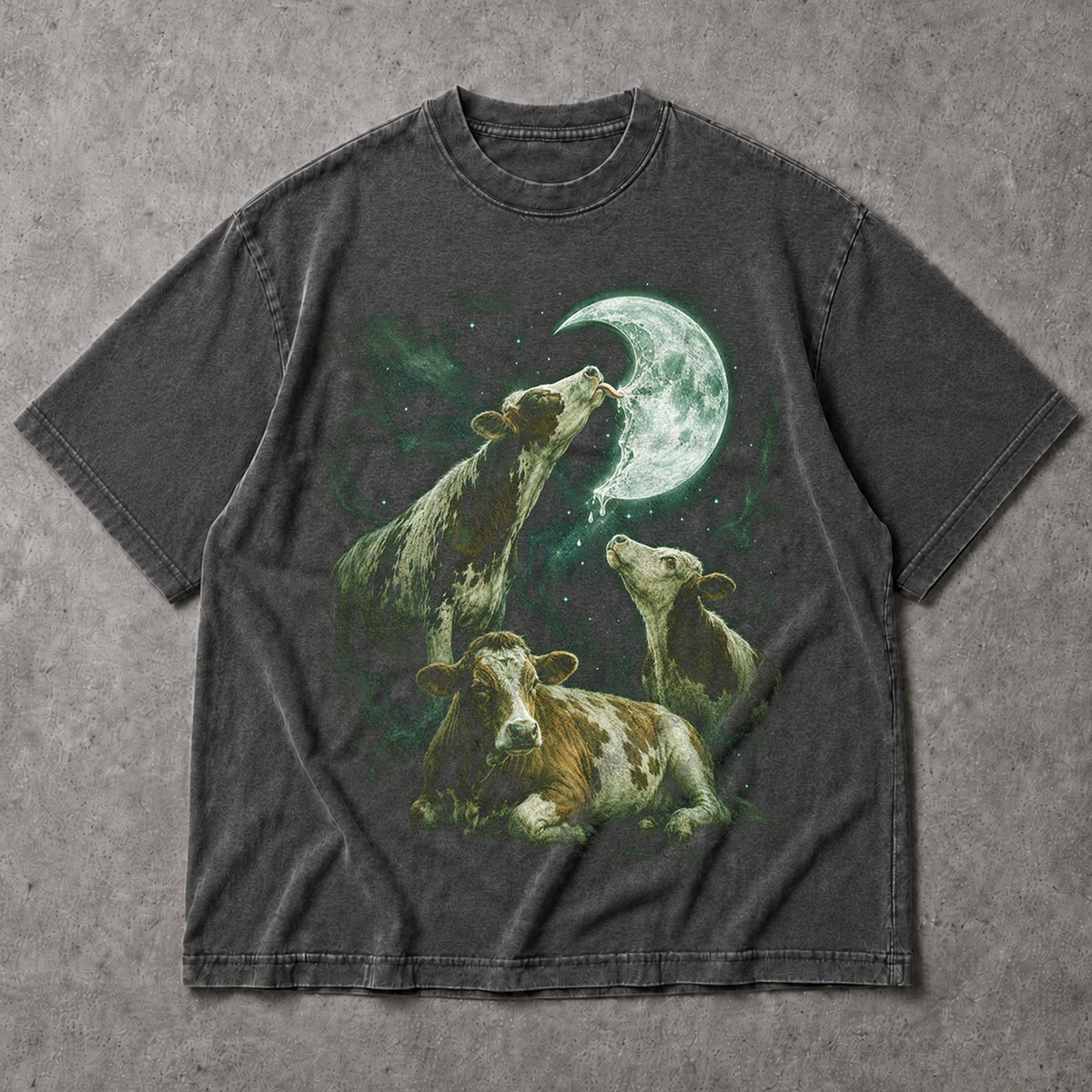 SF_COLOR=dark-heather; SF_ITEM=adult-t-shirt; SF_ROLE=main; Cosmic Cow Licking Moon T-Shirt Surreal Galaxy Space Farm Animal Funny Apparel - Dark Heather Adult T-Shirt product image