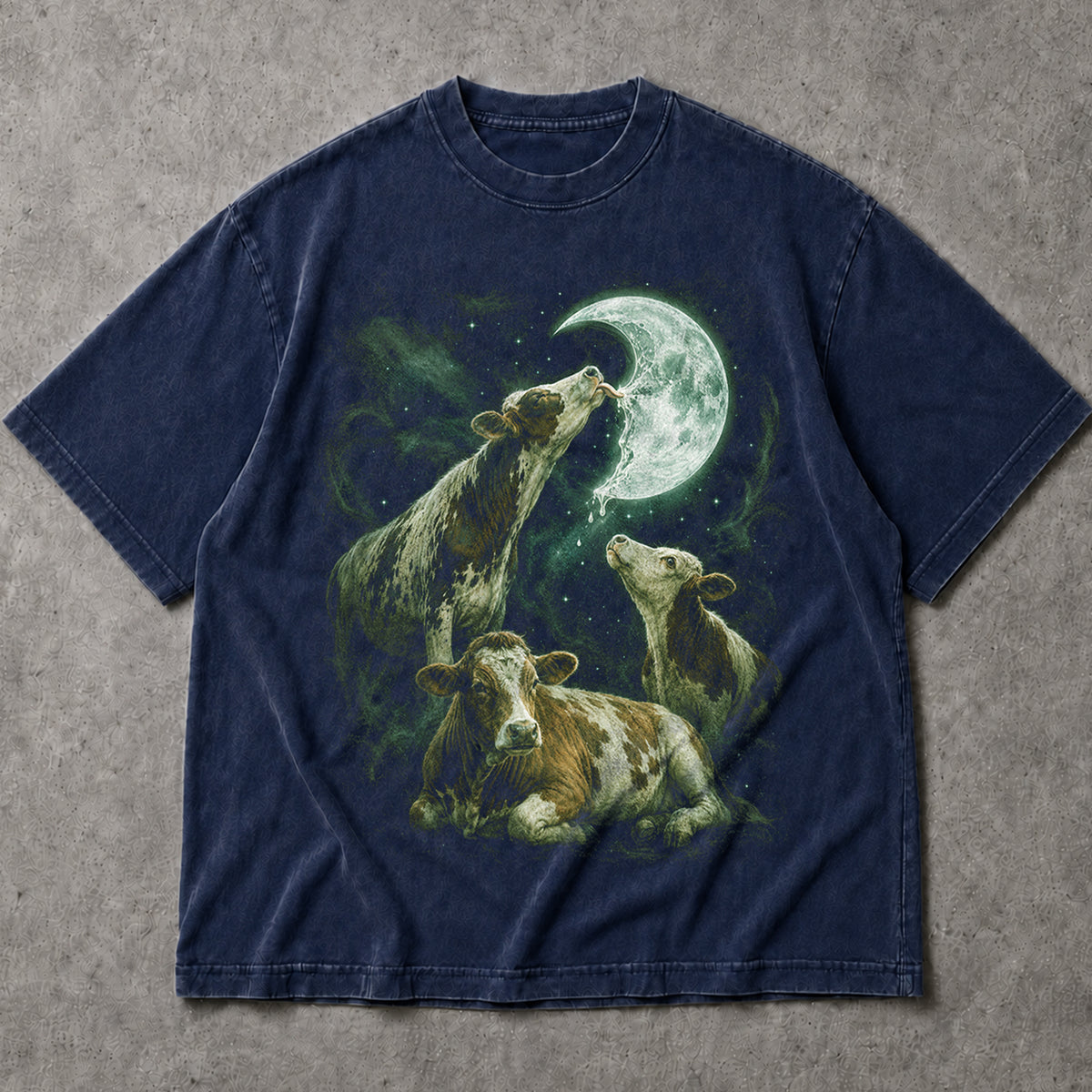 SF_COLOR=navy; SF_ITEM=adult-t-shirt; SF_ROLE=main; Cosmic Cow Licking Moon T-Shirt Surreal Galaxy Space Farm Animal Funny Apparel - Navy Adult T-Shirt product image