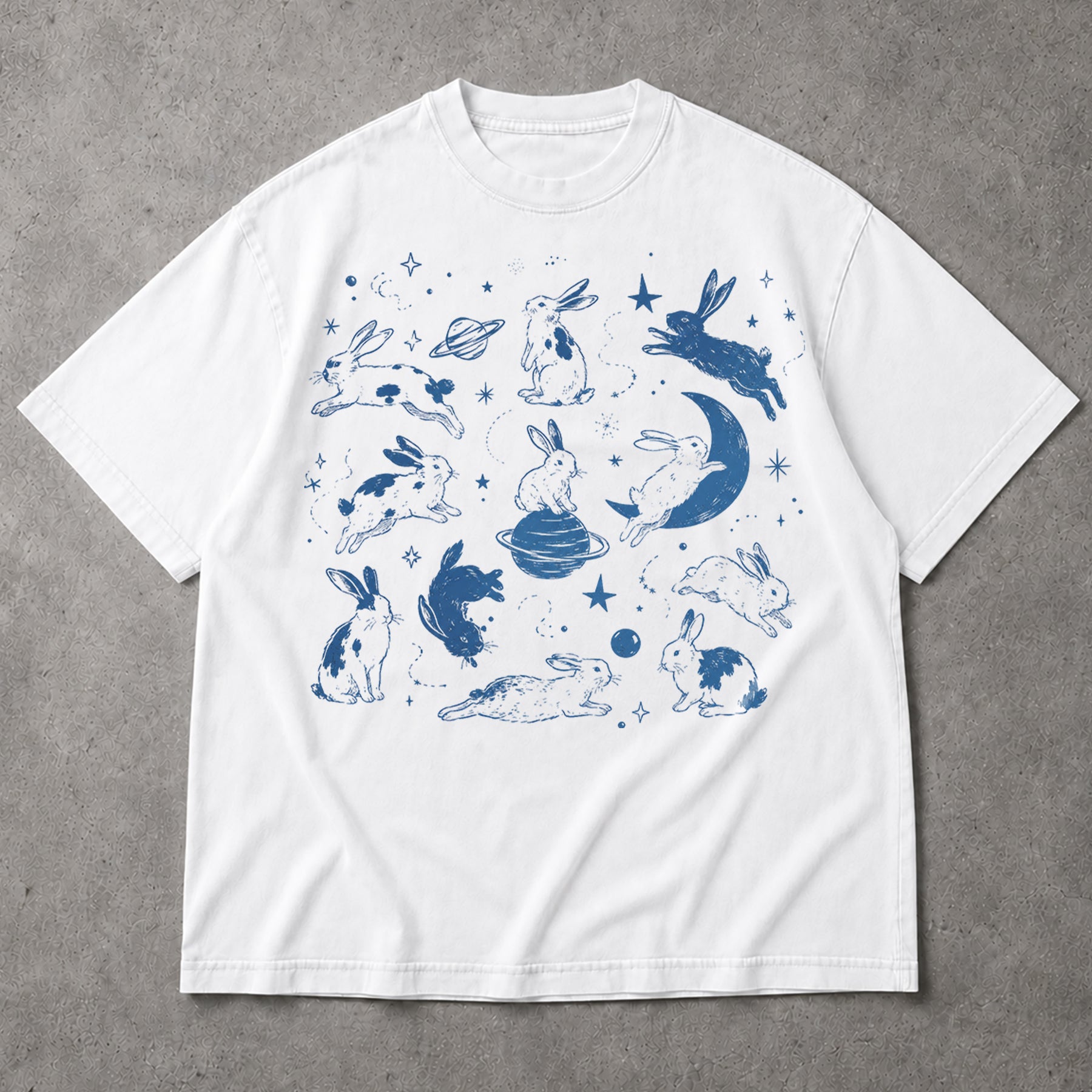 SF_COLOR=white; SF_ITEM=adult-t-shirt; SF_ROLE=main; Cosmic Space Rabbits T-Shirt Blue Celestial Moon Stars Animal Apparel - White Adult T-Shirt product image