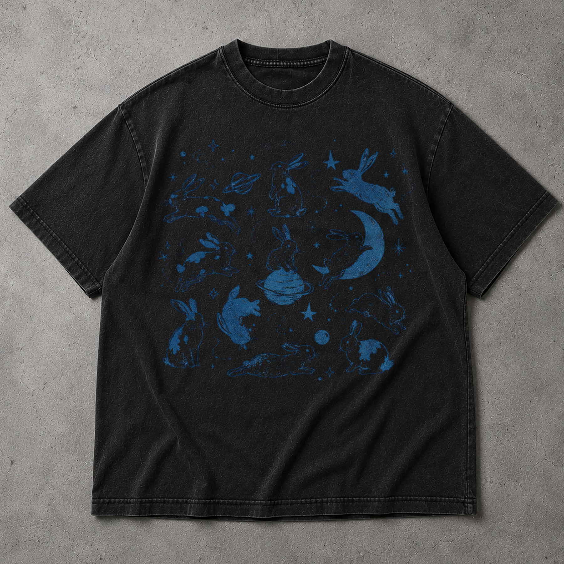 SF_COLOR=black; SF_ITEM=adult-t-shirt; SF_ROLE=main; Cosmic Space Rabbits T-Shirt Blue Celestial Moon Stars Animal Apparel - Black Adult T-Shirt product image
