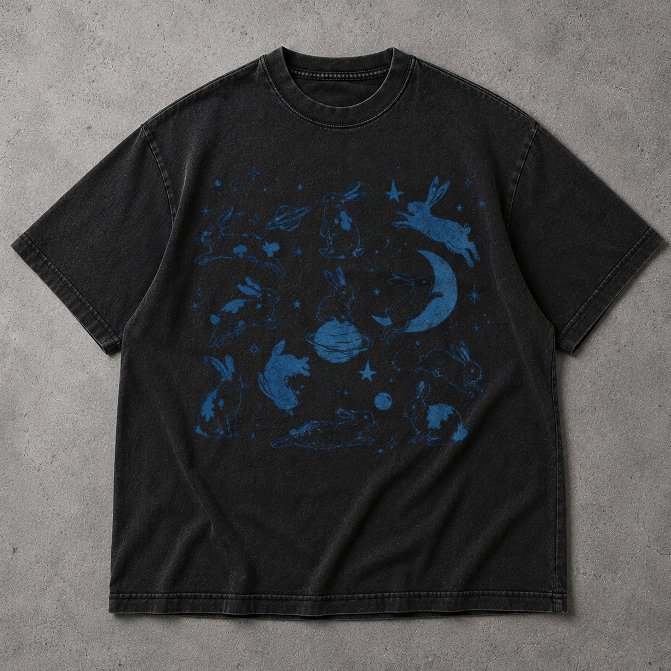 SF_COLOR=black; SF_ITEM=adult-t-shirt; SF_ROLE=main; Cosmic Space Rabbits T-Shirt Blue Celestial Moon Stars Animal Apparel - Black Adult T-Shirt product image