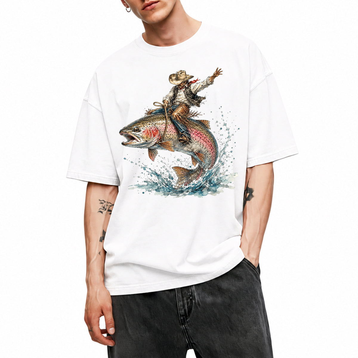 SF_COLOR=white; SF_ITEM=adult-t-shirt; SF_ROLE=main; Cowboy Bucking Trout Fish T-Shirt Wild Western Fishing Scene Tee - White Adult T-Shirt product image