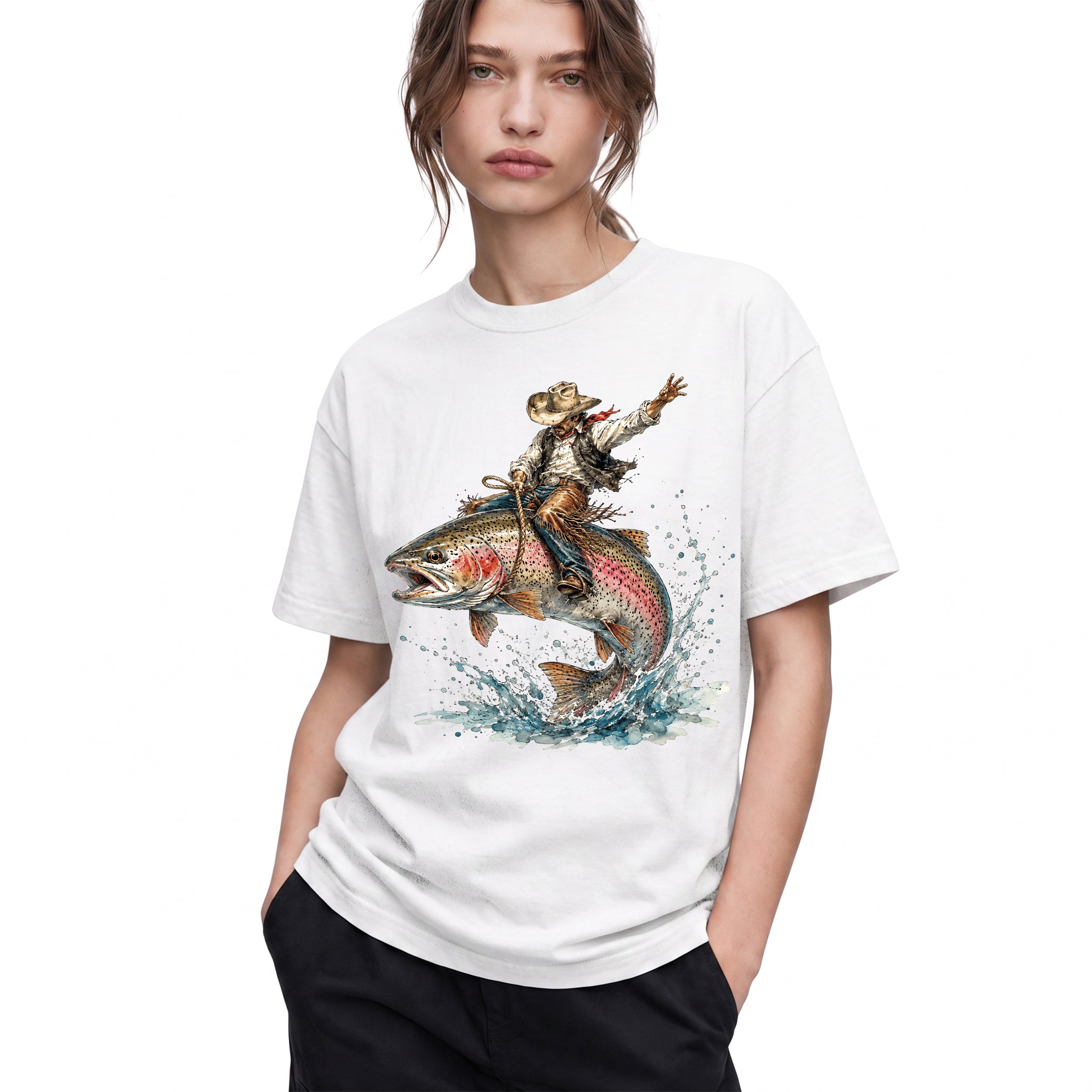 SF_COLOR=white; SF_ITEM=adult-t-shirt; SF_ROLE=gallery; Cowboy Bucking Trout Fish T-Shirt Wild Western Fishing Scene Tee - White Adult T-Shirt product image