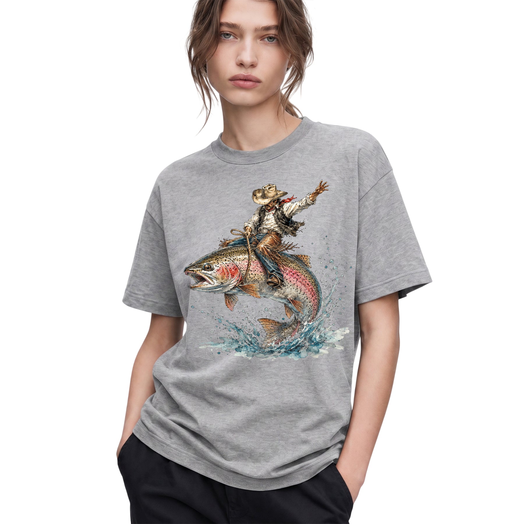 SF_COLOR=sport-grey; SF_ITEM=adult-t-shirt; SF_ROLE=gallery; Cowboy Bucking Trout Fish T-Shirt Wild Western Fishing Scene Tee - Sport Grey Adult T-Shirt product image