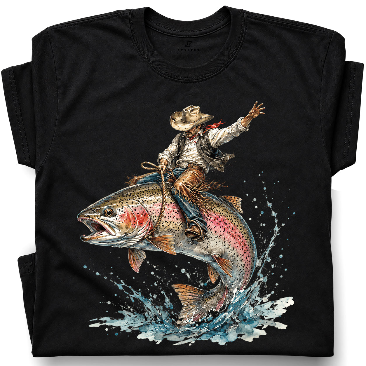 SF_COLOR=black; SF_ITEM=adult-t-shirt; SF_ROLE=gallery; Cowboy Bucking Trout Fish T-Shirt Wild Western Fishing Scene Tee - Black Adult T-Shirt product image