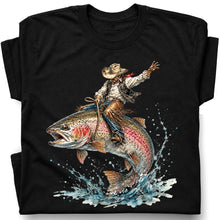 SF_COLOR=black; SF_ITEM=adult-t-shirt; SF_ROLE=gallery; Cowboy Bucking Trout Fish T-Shirt Wild Western Fishing Scene Tee - Black Adult T-Shirt product image