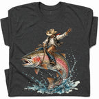 SF_COLOR=dark-heather; SF_ITEM=adult-t-shirt; SF_ROLE=gallery; Cowboy Bucking Trout Fish T-Shirt Wild Western Fishing Scene Tee - Dark Heather Adult T-Shirt product image