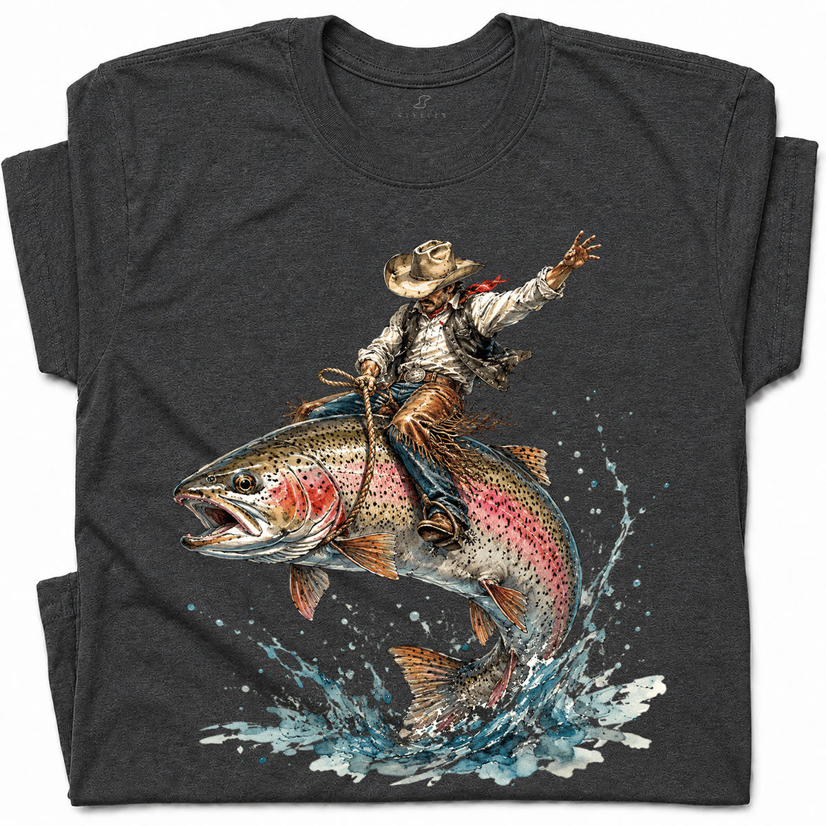SF_COLOR=dark-heather; SF_ITEM=adult-t-shirt; SF_ROLE=gallery; Cowboy Bucking Trout Fish T-Shirt Wild Western Fishing Scene Tee - Dark Heather Adult T-Shirt product image