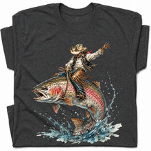 SF_COLOR=dark-heather; SF_ITEM=adult-t-shirt; SF_ROLE=gallery; Cowboy Bucking Trout Fish T-Shirt Wild Western Fishing Scene Tee - Dark Heather Adult T-Shirt product image