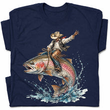 SF_COLOR=navy; SF_ITEM=adult-t-shirt; SF_ROLE=gallery; Cowboy Bucking Trout Fish T-Shirt Wild Western Fishing Scene Tee - Navy Adult T-Shirt product image
