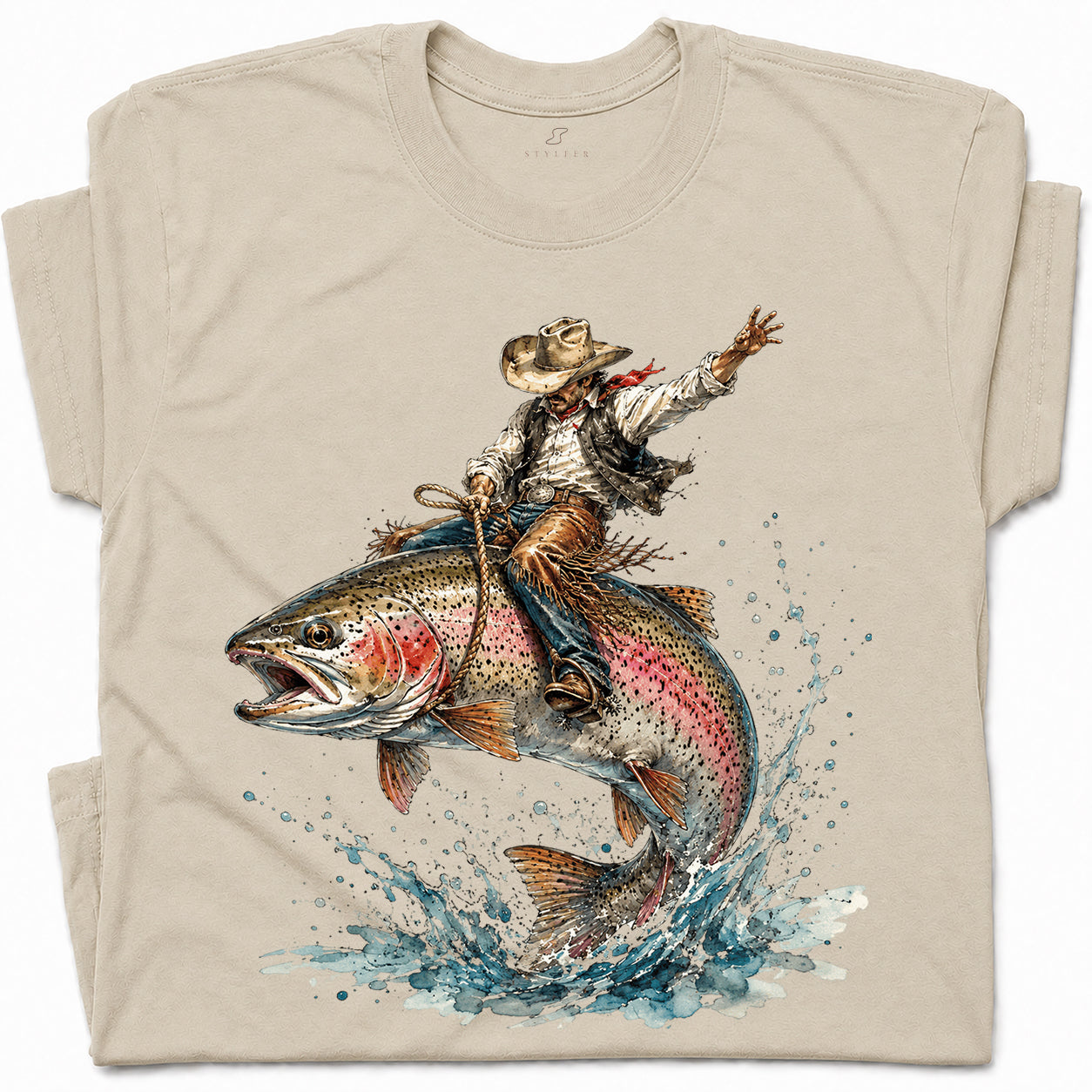 SF_COLOR=sand; SF_ITEM=adult-t-shirt; SF_ROLE=gallery; Cowboy Bucking Trout Fish T-Shirt Wild Western Fishing Scene Tee - Sand Adult T-Shirt product image