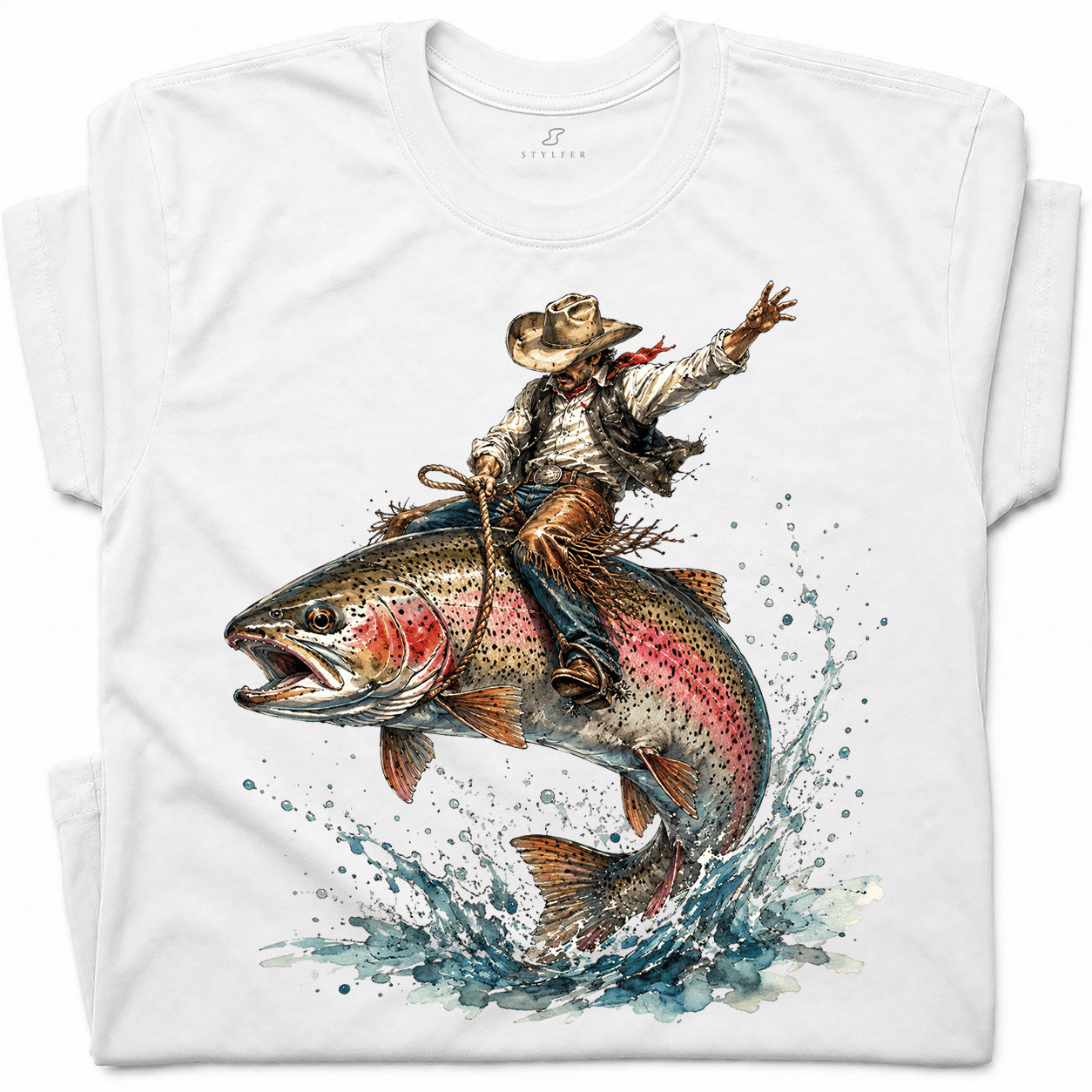 SF_COLOR=white; SF_ITEM=adult-t-shirt; SF_ROLE=gallery; Cowboy Bucking Trout Fish T-Shirt Wild Western Fishing Scene Tee - White Adult T-Shirt product image