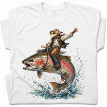 SF_COLOR=white; SF_ITEM=adult-t-shirt; SF_ROLE=gallery; Cowboy Bucking Trout Fish T-Shirt Wild Western Fishing Scene Tee - White Adult T-Shirt product image
