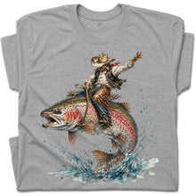 SF_COLOR=sport-grey; SF_ITEM=adult-t-shirt; SF_ROLE=gallery; Cowboy Bucking Trout Fish T-Shirt Wild Western Fishing Scene Tee - Sport Grey Adult T-Shirt product image