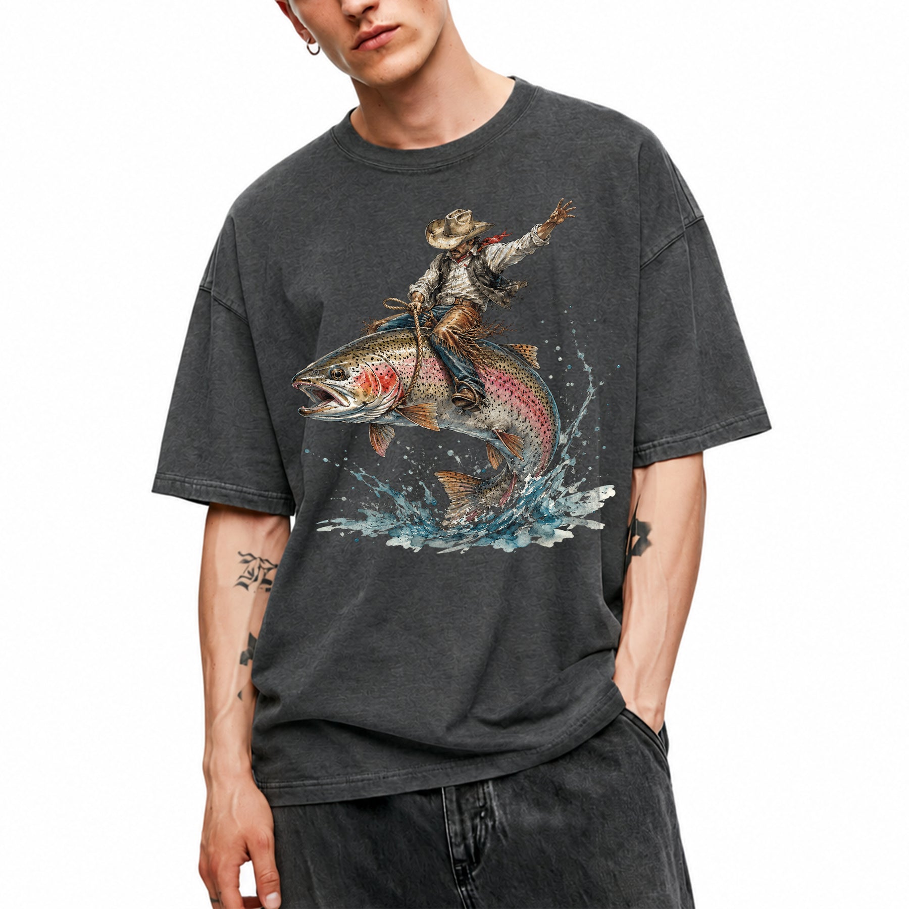SF_COLOR=dark-heather; SF_ITEM=adult-t-shirt; SF_ROLE=main; Cowboy Bucking Trout Fish T-Shirt Wild Western Fishing Scene Tee - Dark Heather Adult T-Shirt product image