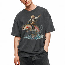 SF_COLOR=dark-heather; SF_ITEM=adult-t-shirt; SF_ROLE=main; Cowboy Bucking Trout Fish T-Shirt Wild Western Fishing Scene Tee - Dark Heather Adult T-Shirt product image