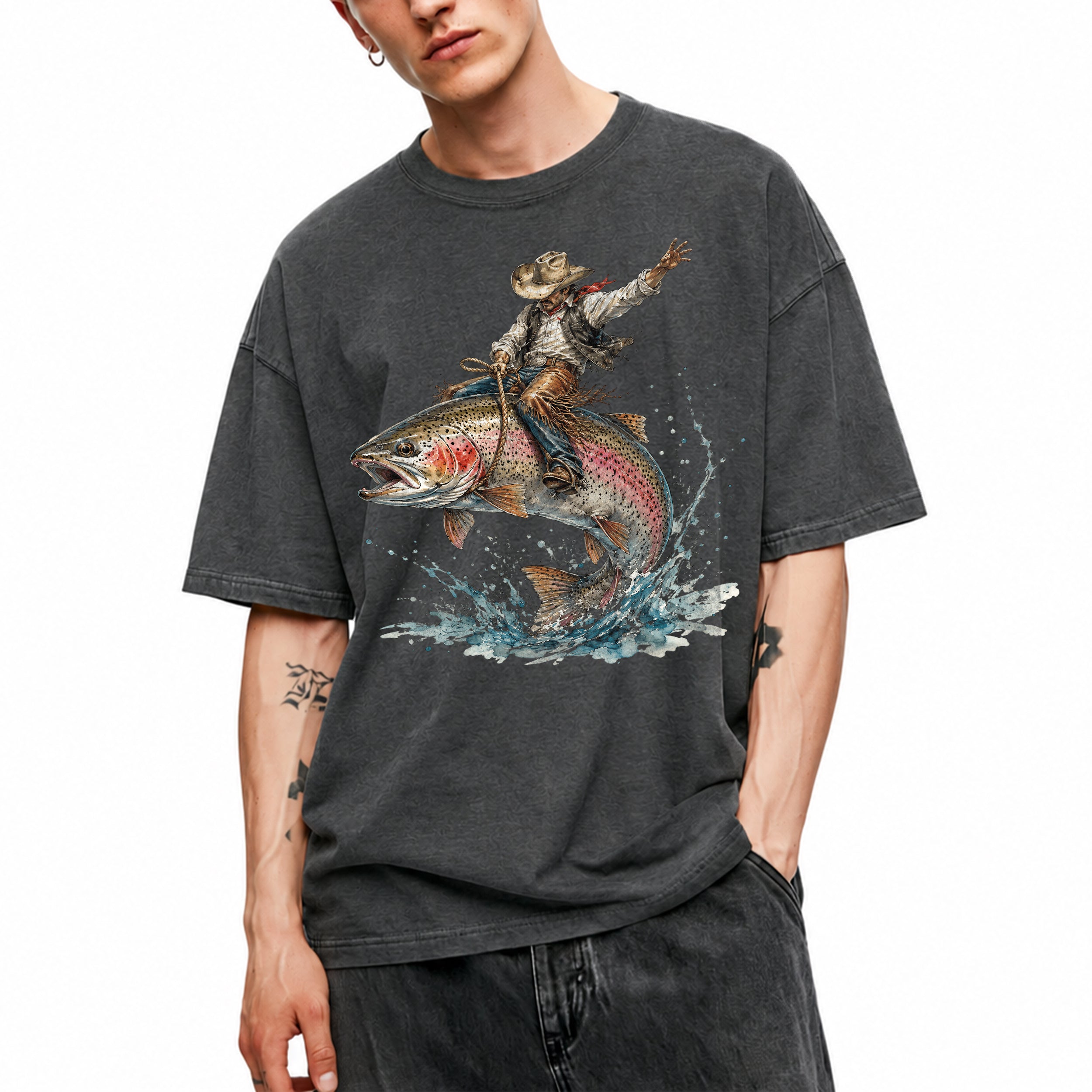 SF_COLOR=dark-heather; SF_ITEM=adult-t-shirt; SF_ROLE=main; Cowboy Bucking Trout Fish T-Shirt Wild Western Fishing Scene Tee - Dark Heather Adult T-Shirt product image