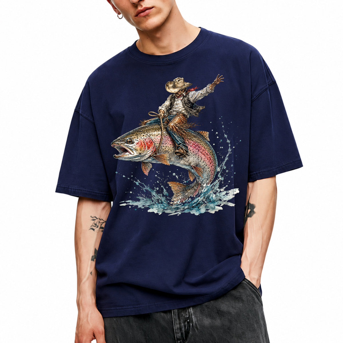 SF_COLOR=navy; SF_ITEM=adult-t-shirt; SF_ROLE=main; Cowboy Bucking Trout Fish T-Shirt Wild Western Fishing Scene Tee - Navy Adult T-Shirt product image