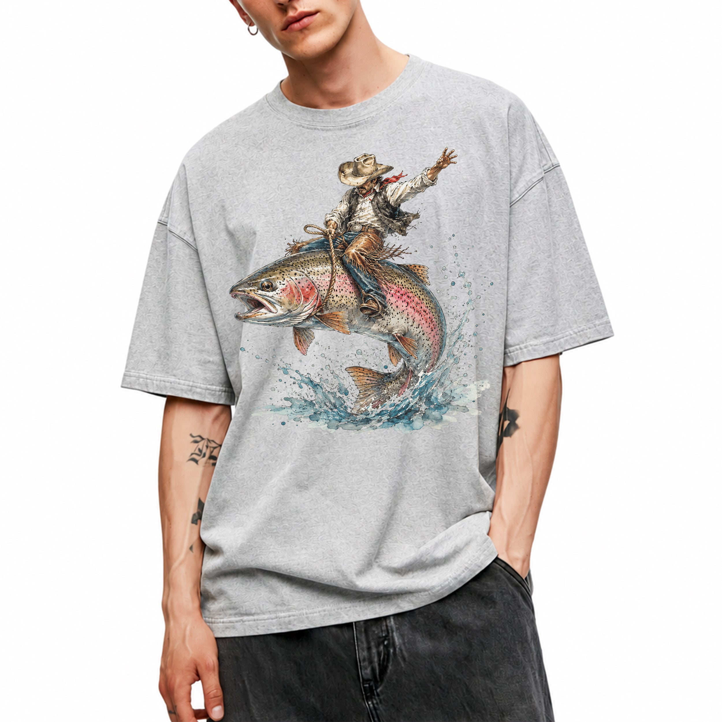 SF_COLOR=sport-grey; SF_ITEM=adult-t-shirt; SF_ROLE=main; Cowboy Bucking Trout Fish T-Shirt Wild Western Fishing Scene Tee - Sport Grey Adult T-Shirt product image