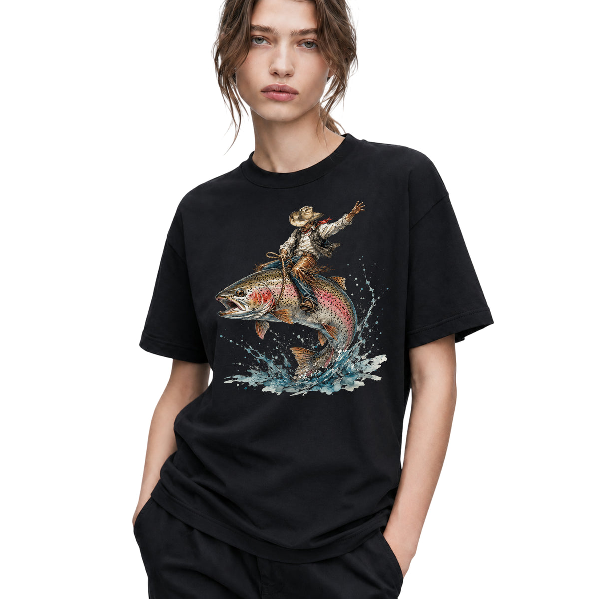 SF_COLOR=black; SF_ITEM=adult-t-shirt; SF_ROLE=gallery; Cowboy Bucking Trout Fish T-Shirt Wild Western Fishing Scene Tee - Black Adult T-Shirt product image
