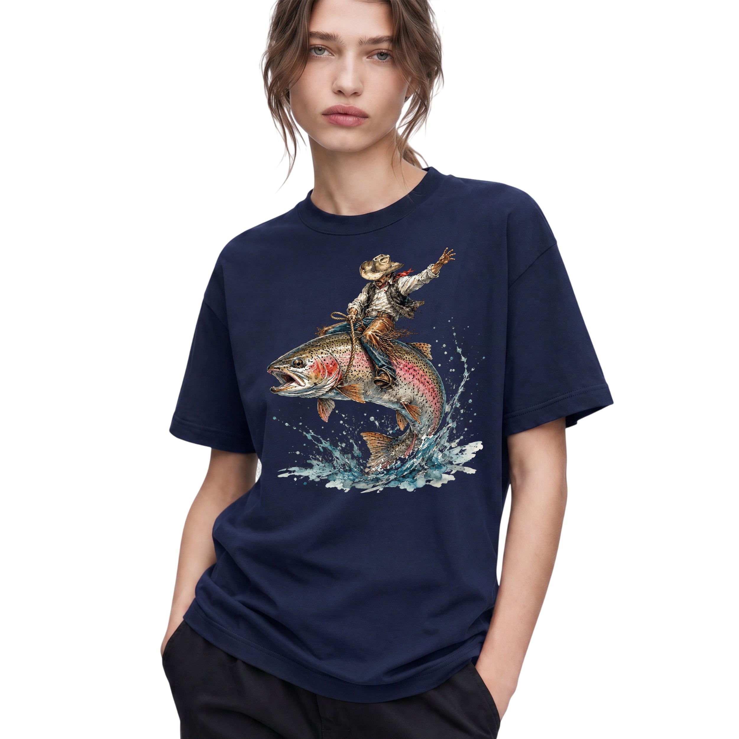 SF_COLOR=navy; SF_ITEM=adult-t-shirt; SF_ROLE=gallery; Cowboy Bucking Trout Fish T-Shirt Wild Western Fishing Scene Tee - Navy Adult T-Shirt product image