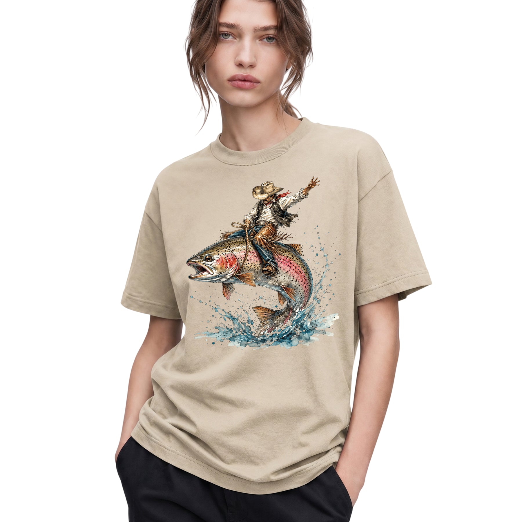 SF_COLOR=sand; SF_ITEM=adult-t-shirt; SF_ROLE=gallery; Cowboy Bucking Trout Fish T-Shirt Wild Western Fishing Scene Tee - Sand Adult T-Shirt product image