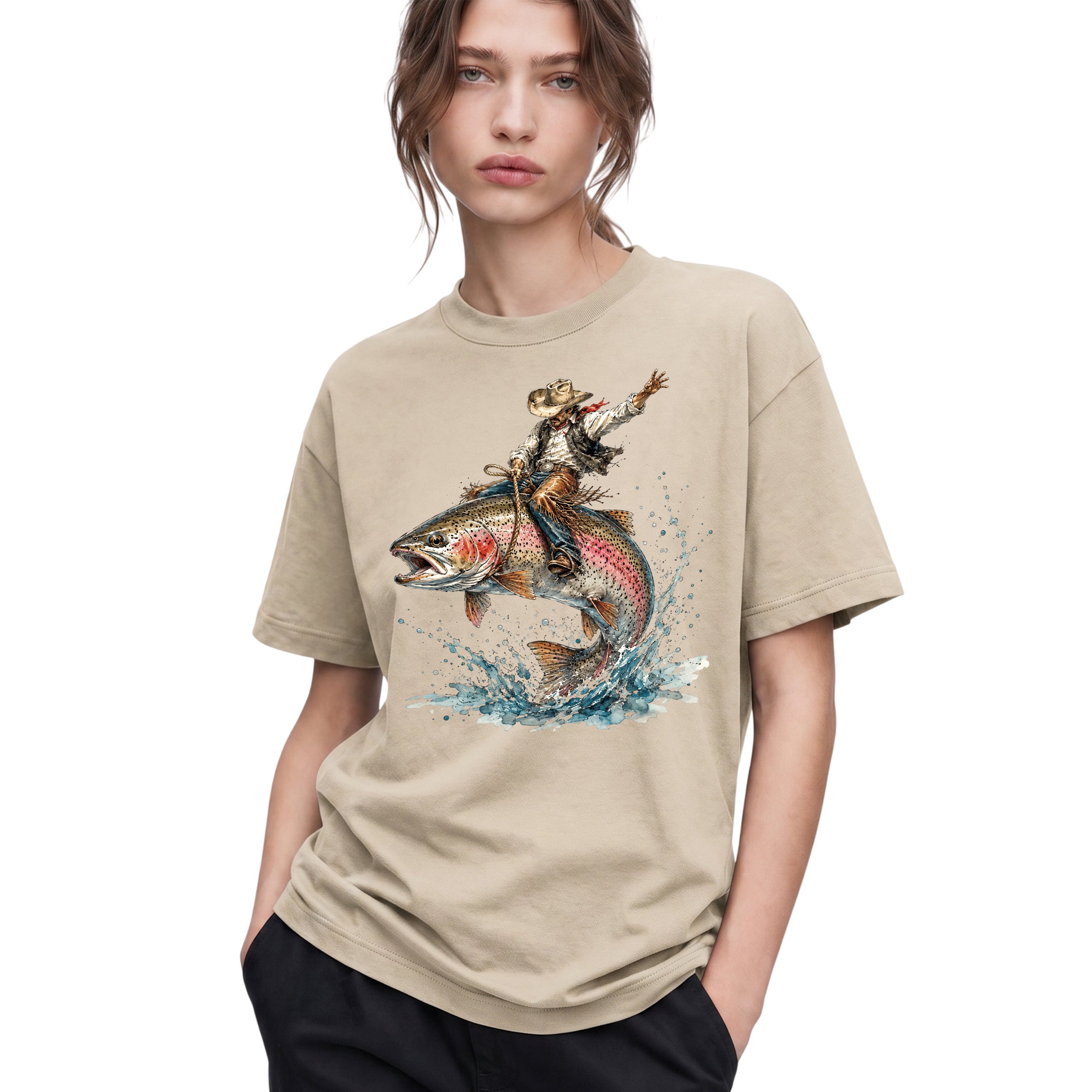 SF_COLOR=sand; SF_ITEM=adult-t-shirt; SF_ROLE=gallery; Cowboy Bucking Trout Fish T-Shirt Wild Western Fishing Scene Tee - Sand Adult T-Shirt product image