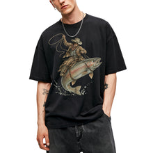 SF_COLOR=black; SF_ITEM=adult-t-shirt; SF_ROLE=main; Cowboy Jumping Trout Fish T-Shirt Dynamic Western Fishing Tee - Black Adult T-Shirt product image