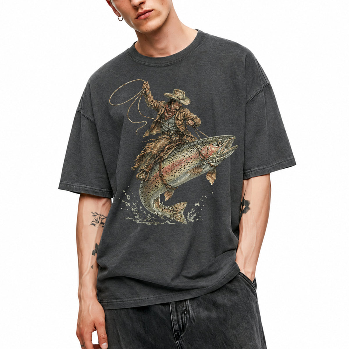 SF_COLOR=dark-heather; SF_ITEM=adult-t-shirt; SF_ROLE=main; Cowboy Jumping Trout Fish T-Shirt Dynamic Western Fishing Tee - Dark Heather Adult T-Shirt product image