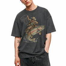 SF_COLOR=dark-heather; SF_ITEM=adult-t-shirt; SF_ROLE=main; Cowboy Jumping Trout Fish T-Shirt Dynamic Western Fishing Tee - Dark Heather Adult T-Shirt product image